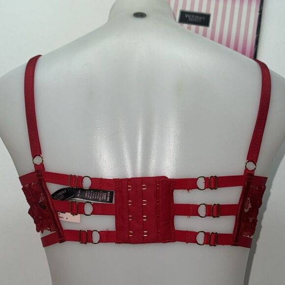 🔥Victoria's Secret Deep Red Floral Lace Bra Set Sz 34D // Large New - Picture 4 of 9